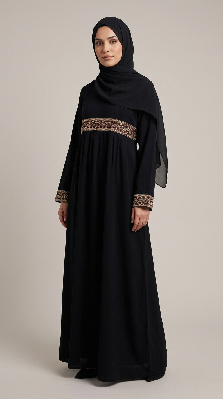 A woman wearing a long black abaya dress with brown embroidered trim at the waist and cuffs, paired with a matching black hijab, photographed against a plain light gray studio background.