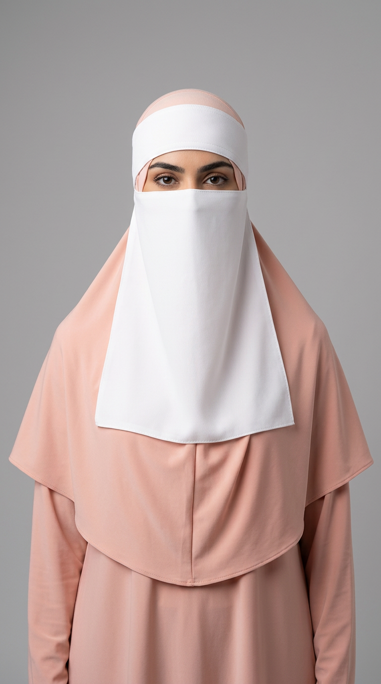White Clip Niqab 07 with a peach hijab, front view