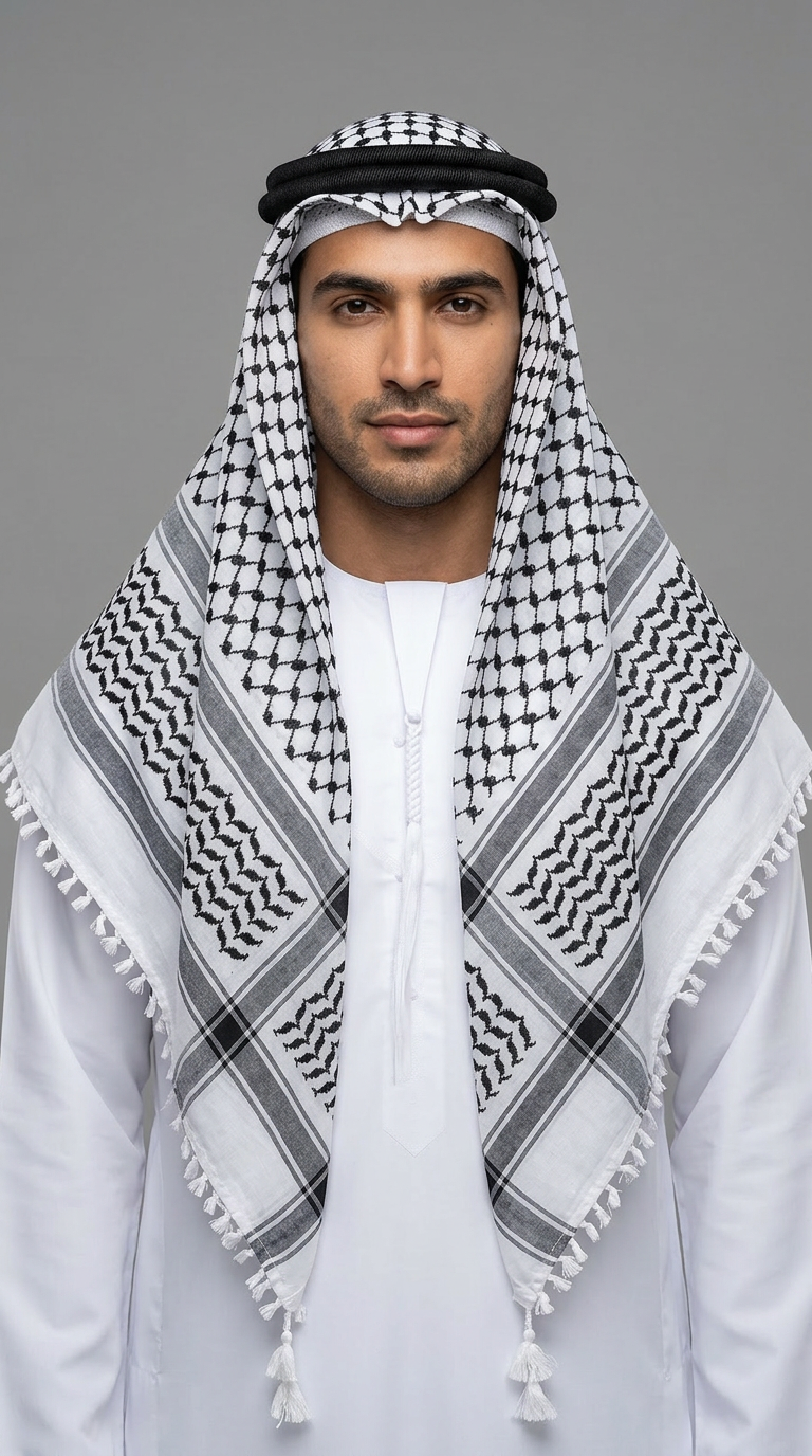 Front view of a man wearing a black and white keffiyeh scarf