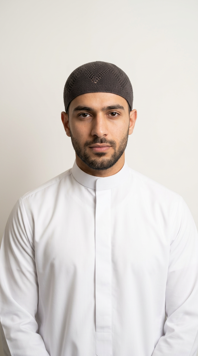 Man wearing a brown topi prayer cap, front view