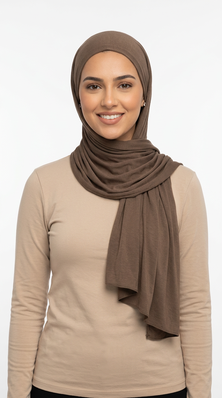 Woman wearing the Cedar Big Jersey Hijab with a beige top