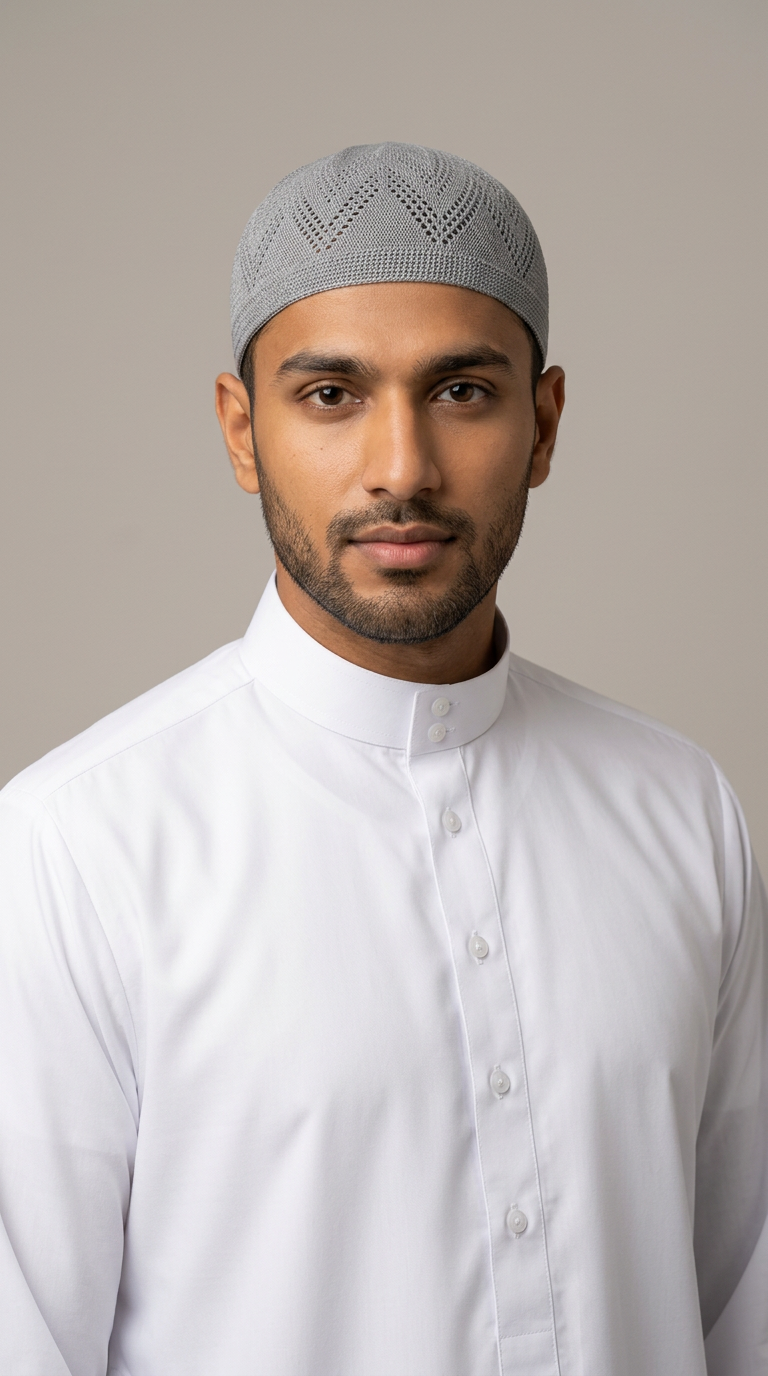 Man wearing a Cloud gray topi prayer cap, front view