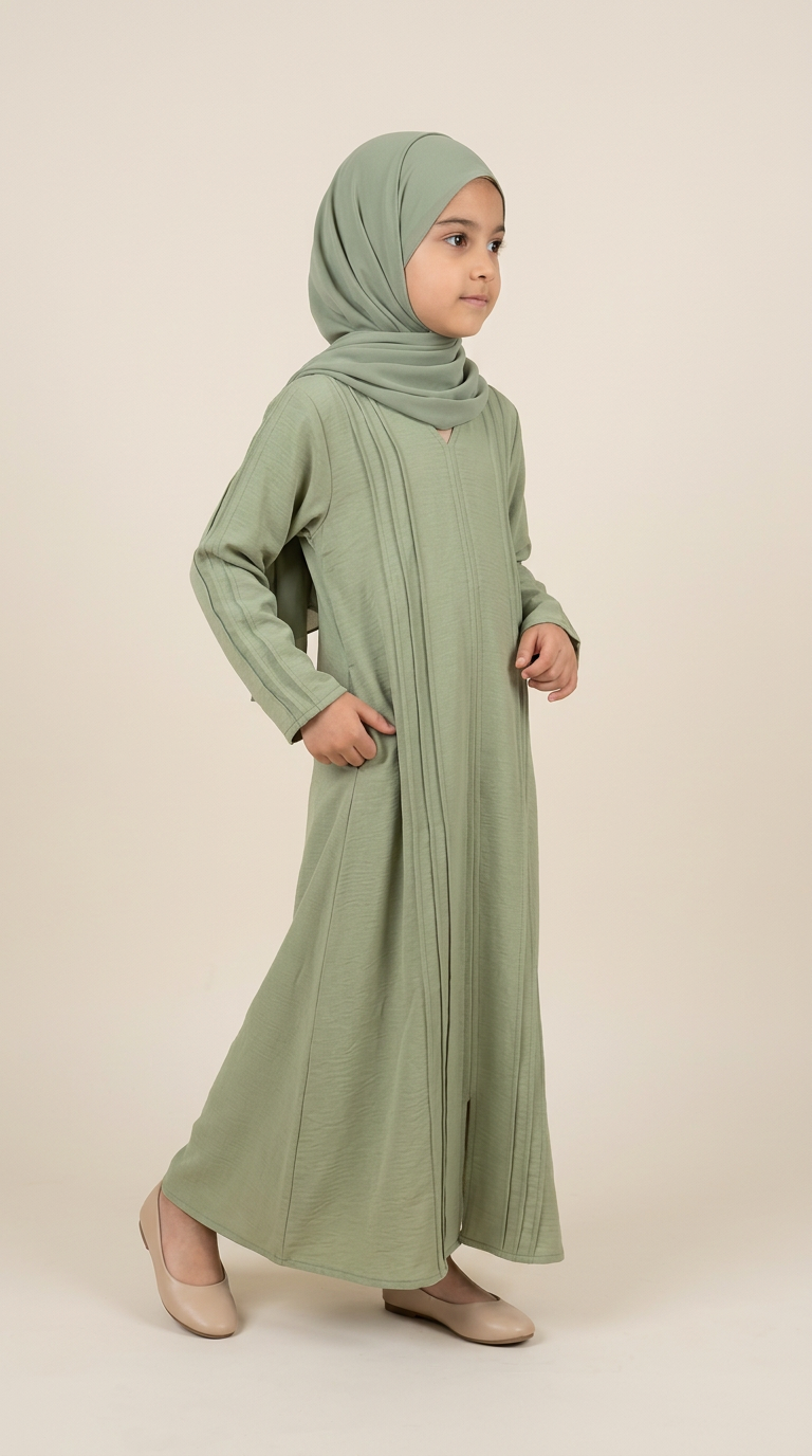 Girl wearing sage green All-Flap abaya and matching hijab