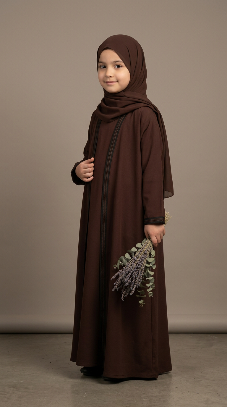 Girls Moroccan abaya with coordinating hijab, model photo