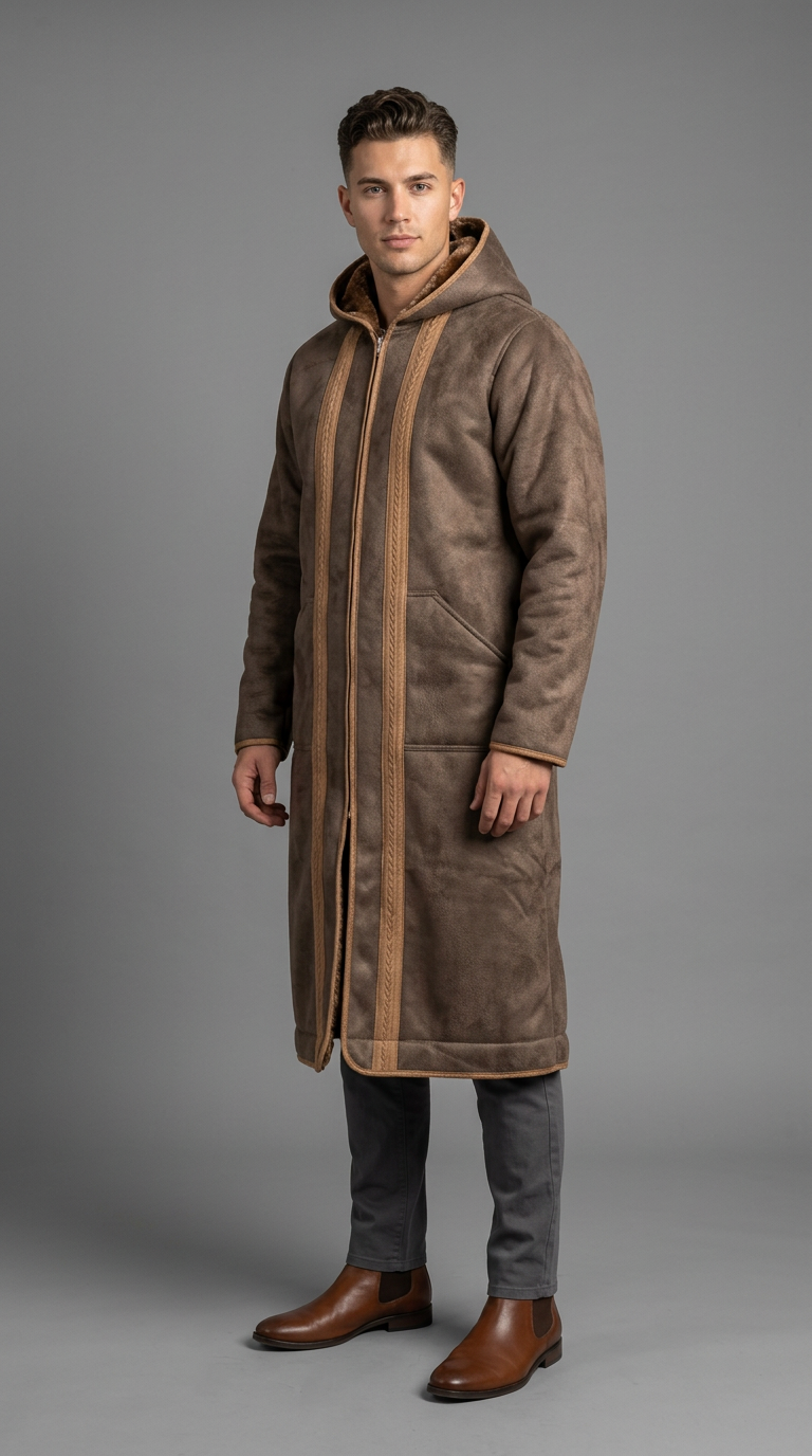 Model wearing a brown Farwa Half Zip Hoody with a long hooded silhouette