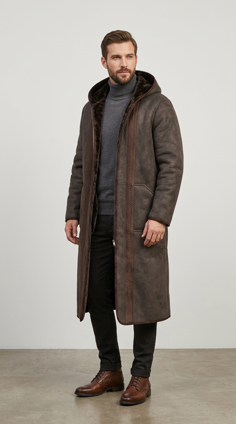 Model wearing a dark brown Farwa Half Zip Hoody with a long hooded silhouette