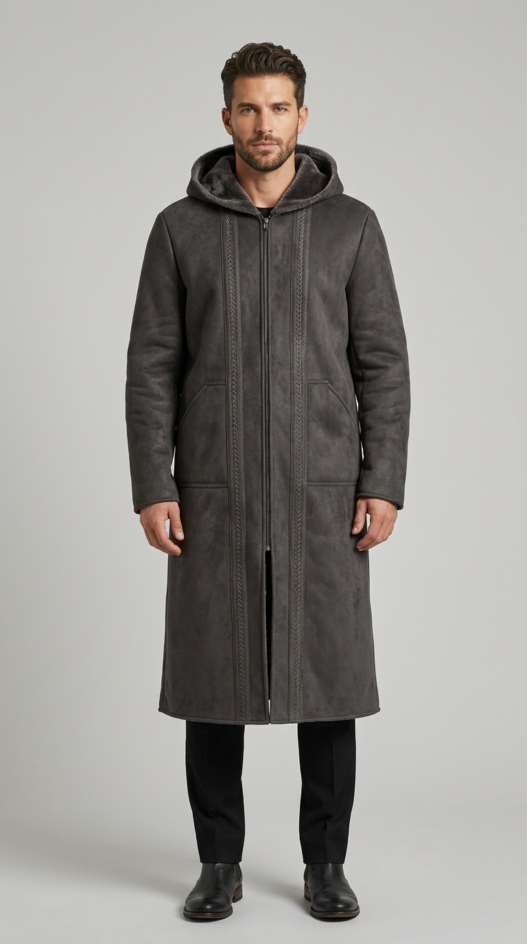 Model wearing a charcoal gray Farwa Half Zip Hoody with a long hooded silhouette