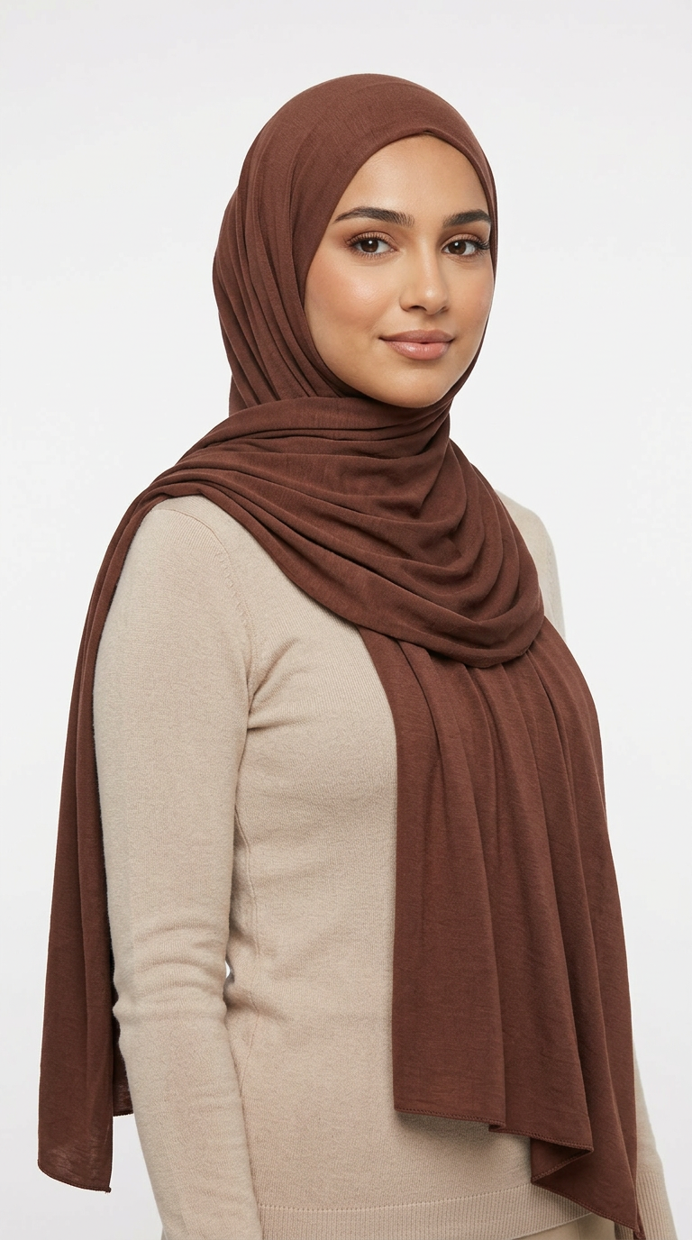 Woman wearing the Syrup Big Jersey Hijab with a beige top