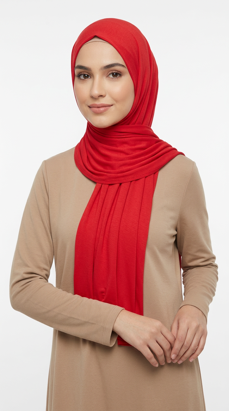Woman wearing the Red Big Jersey Hijab with a beige top