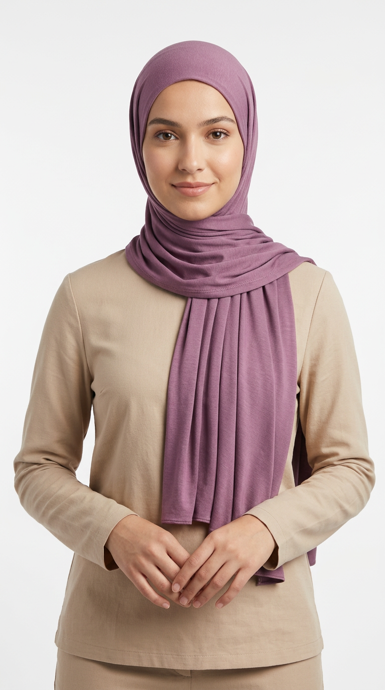 Woman wearing the Mulberry Big Jersey Hijab with a beige top