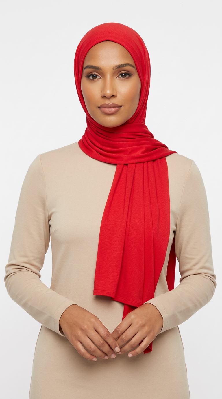 Woman wearing the Red Big Jersey Hijab with a beige top
