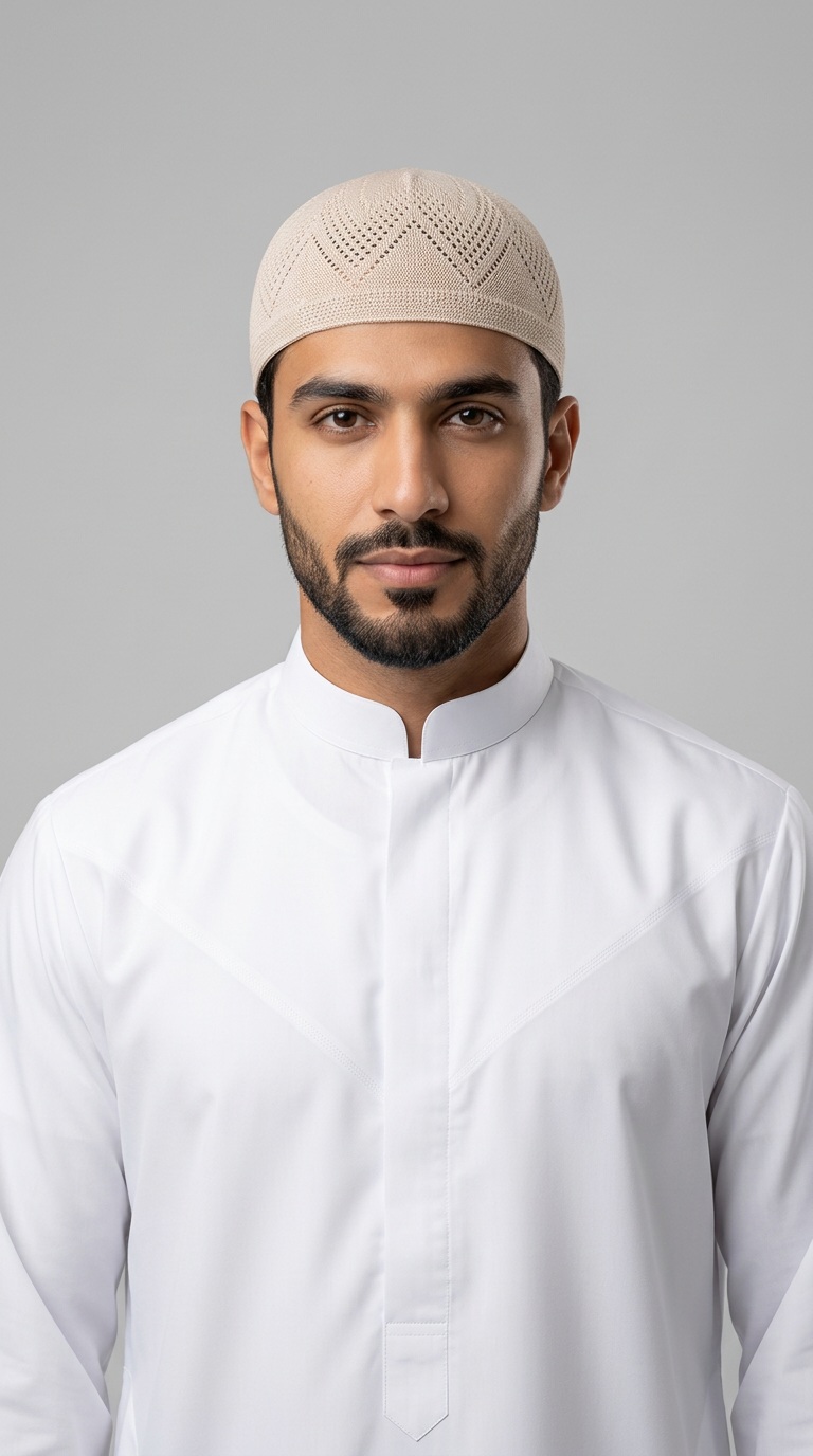 Man wearing a cream topi prayer cap, front view