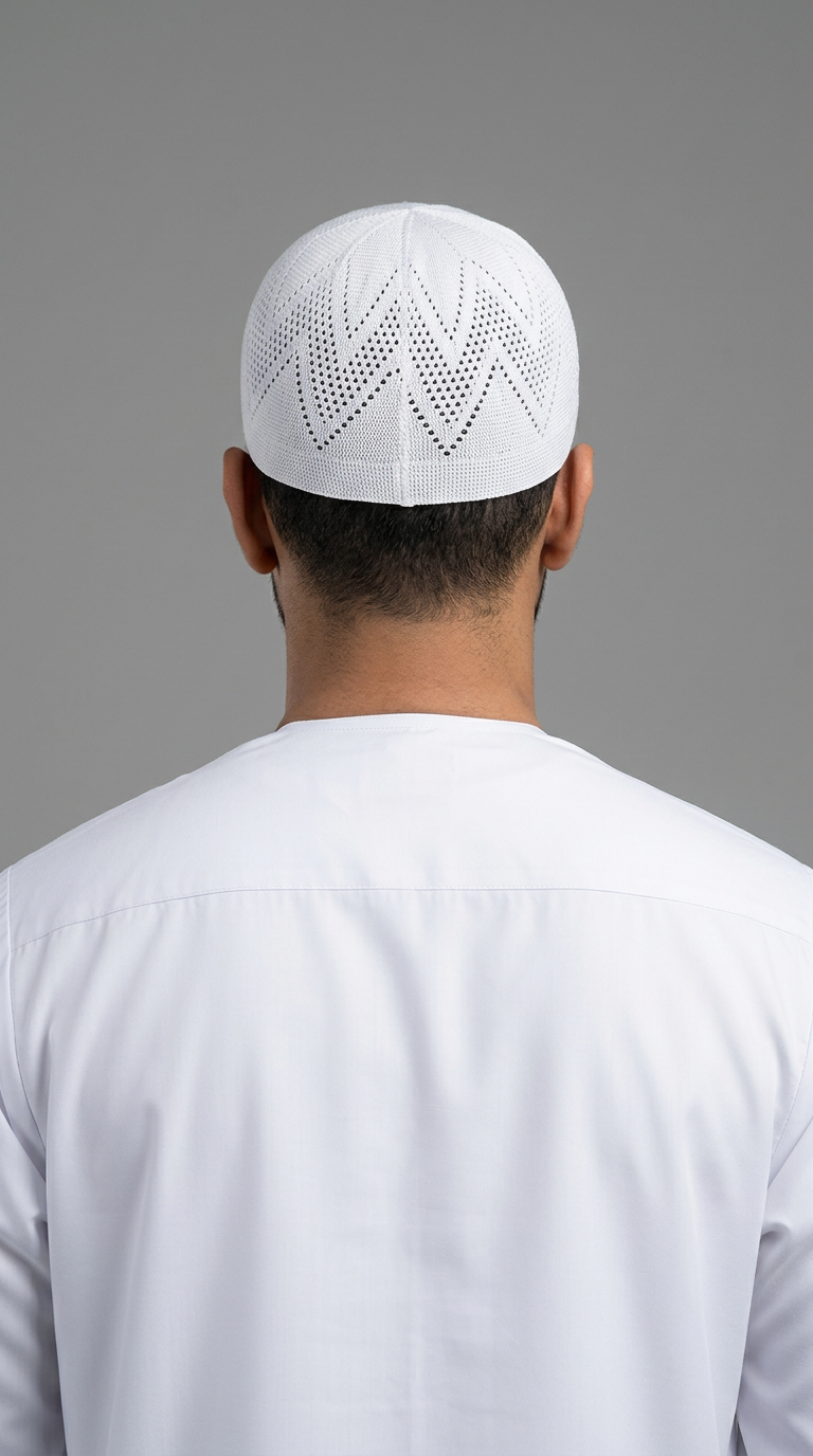 Man wearing a white topi prayer cap, rear view