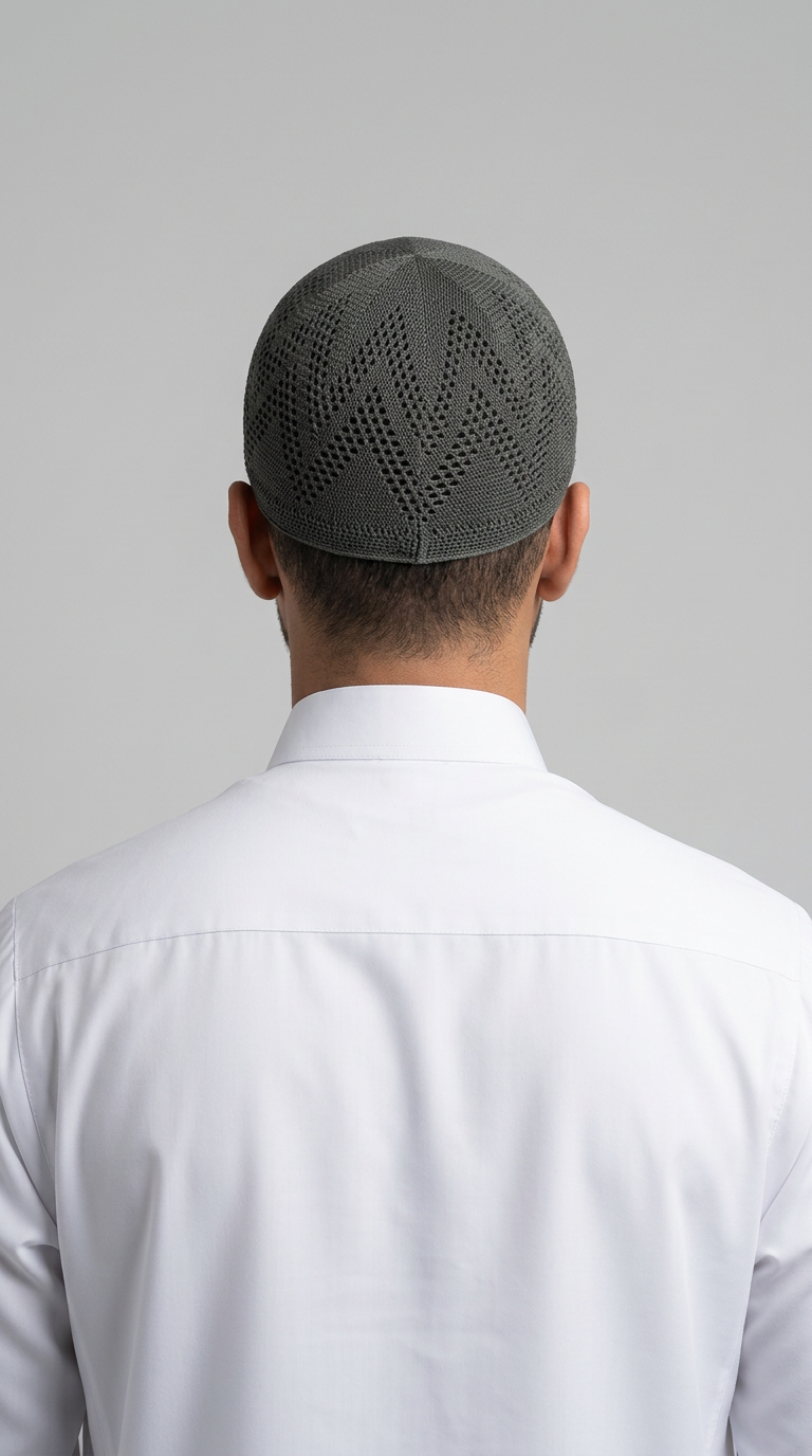 Man wearing a Tea gray topi prayer cap, rear view
