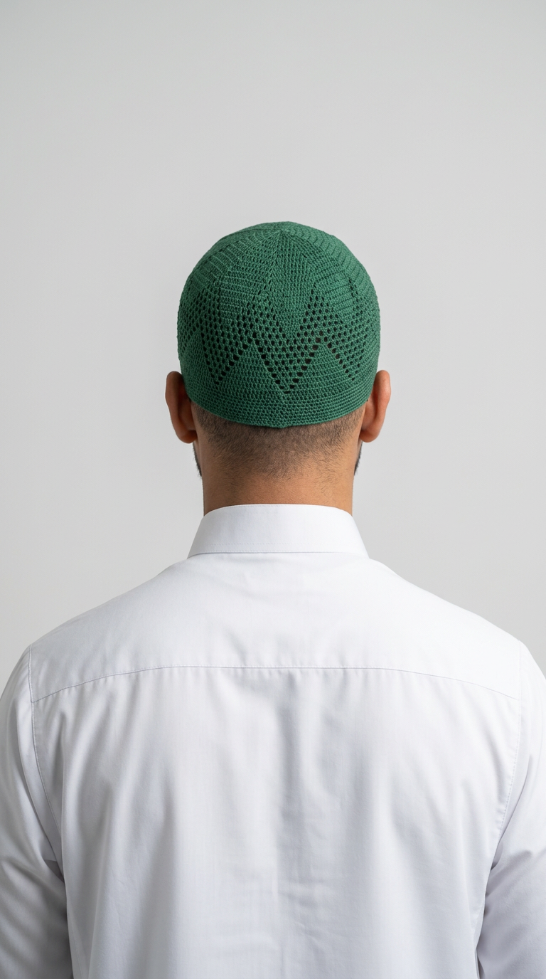Man wearing a forest green topi prayer cap, rear view