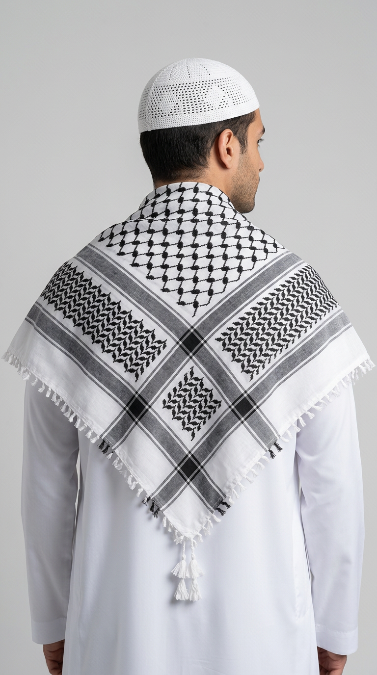 Rear view of a black and white patterned kafiya scarf draped over the shoulders