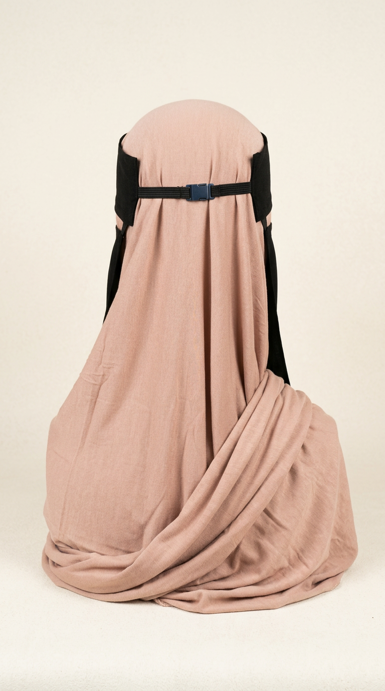 Rear view of the black Clip Niqab 07 fastening over a peach hijab
