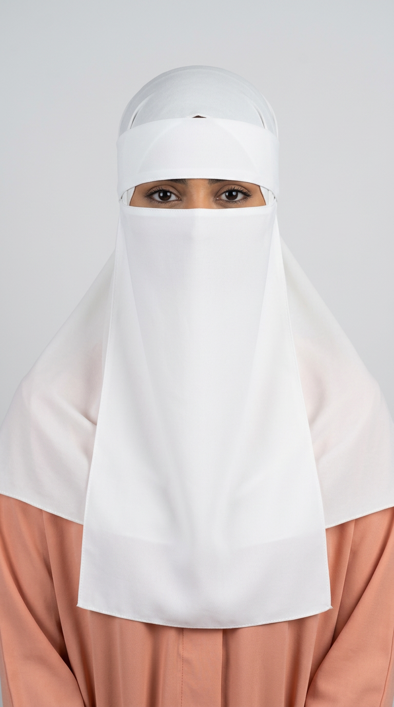 Model wearing a white Gold Side Niqab 08