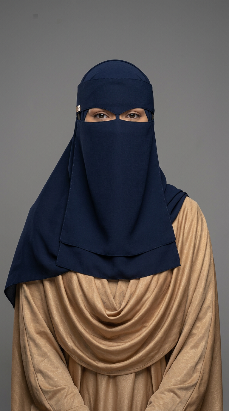 Model wearing a navy Nose Pinch Niqab with a beige hijab
