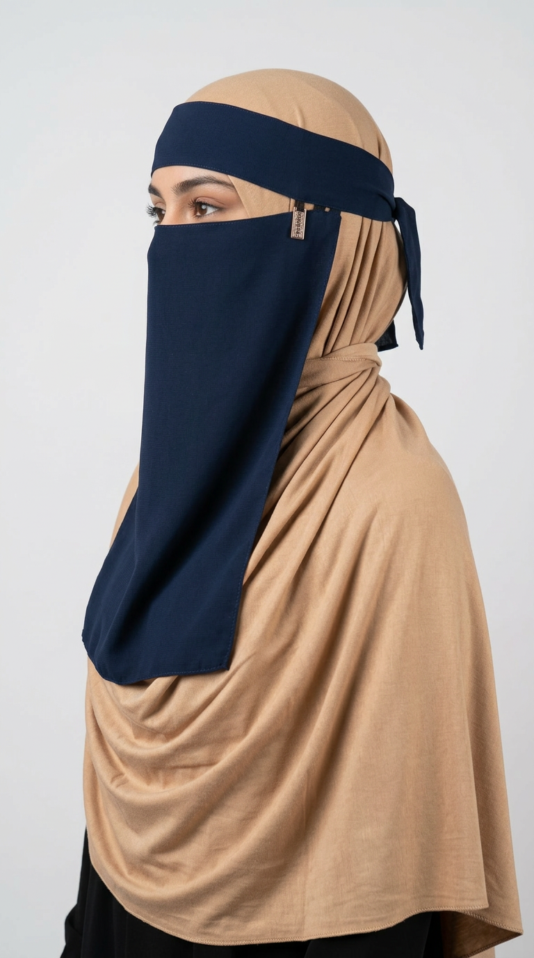 Navy Gold Side Niqab 08, side view showing the gold-tone accent