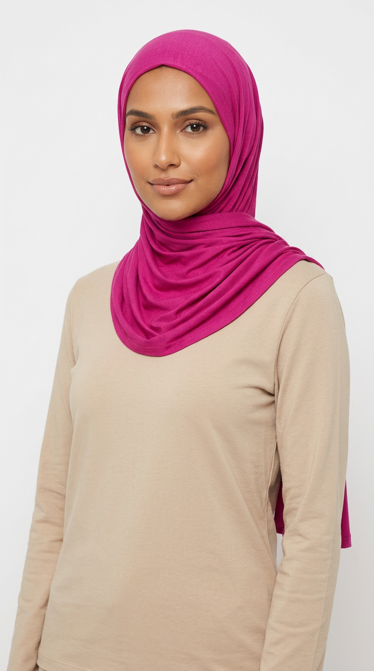 Woman wearing the Magenta Big Jersey Hijab with a beige top