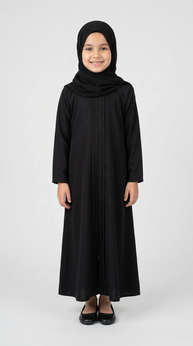 A young girl wearing a long black abaya dress, a matching black hijab, and black flat shoes, standing against a light gray studio background.