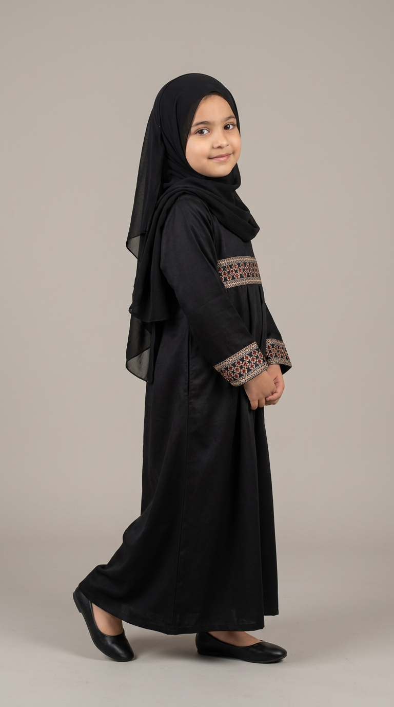 A young girl wearing a black abaya with embroidered cuffs and a matching black hijab, standing against a solid light gray studio background.