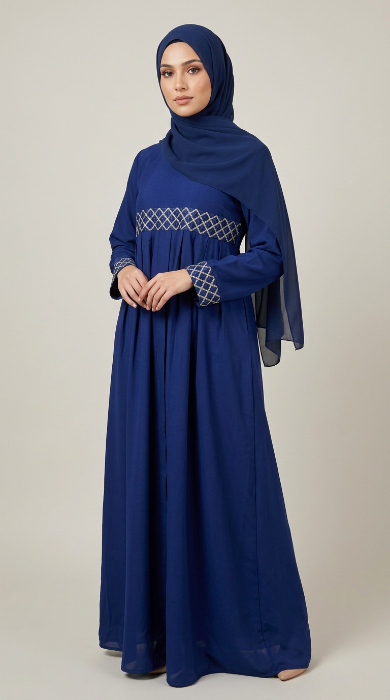 A woman wearing a long royal blue modest dress with a matching hijab and a sheer draped scarf, standing against a plain light beige studio background.