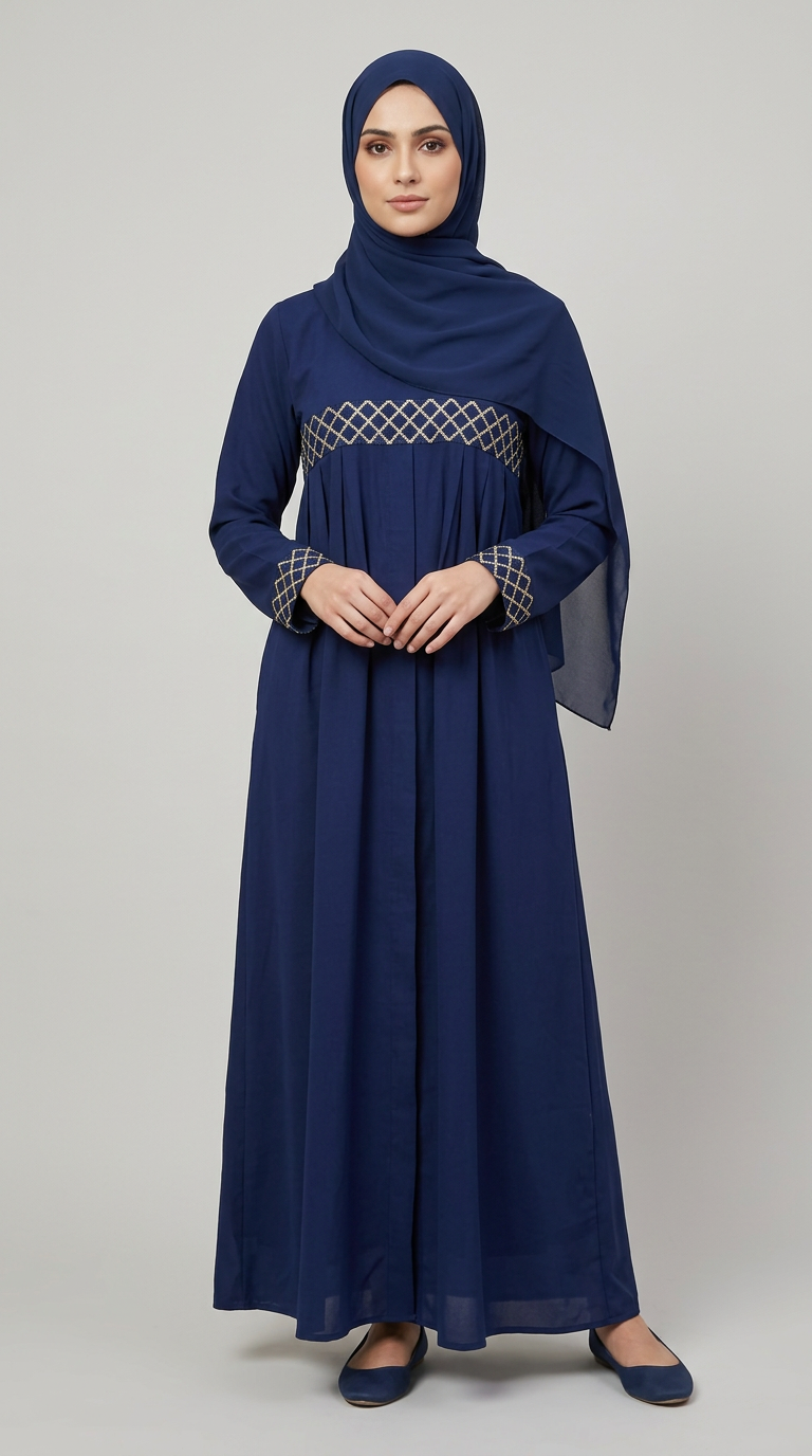 A woman modeling a navy blue modest dress with a matching hijab, featuring a geometric embroidered pattern around the waist and cuffs, set against a plain light gray studio background.