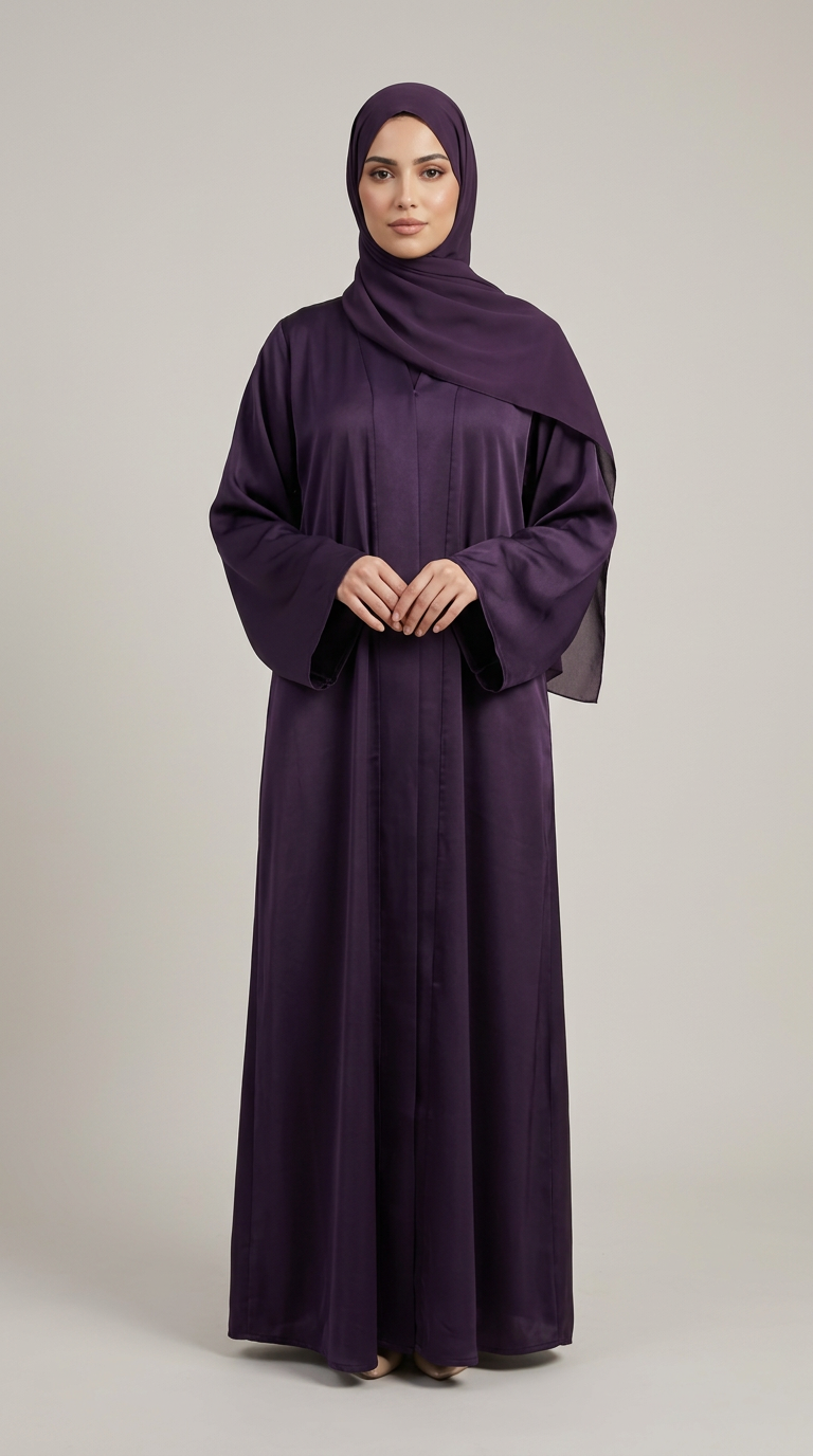 A woman wearing a long, flowing dark purple abaya with a matching headscarf, standing against a neutral light gray studio background.