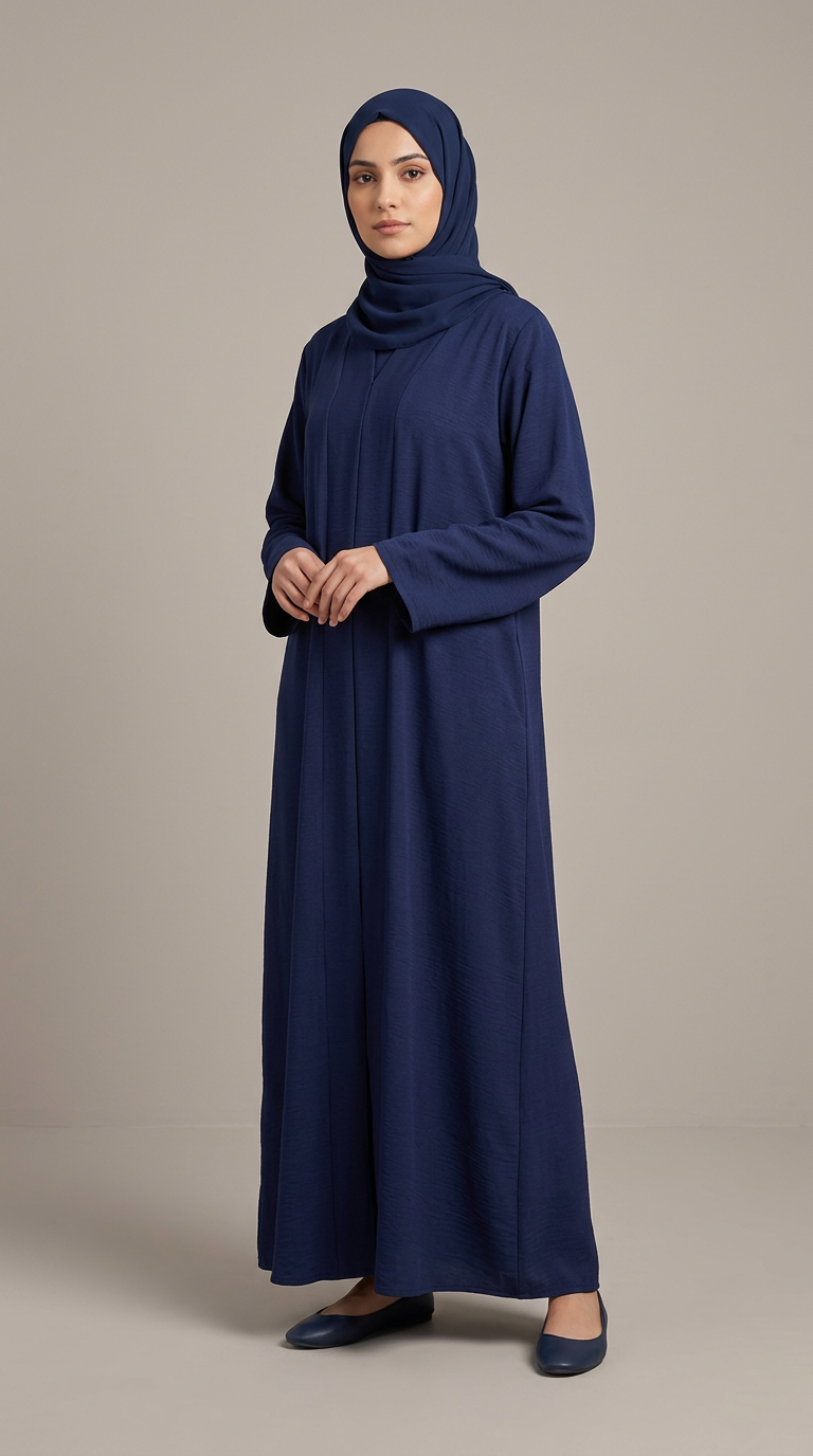 A woman modeling a long-sleeved navy blue modest dress with a matching hijab, standing against a neutral beige studio background.