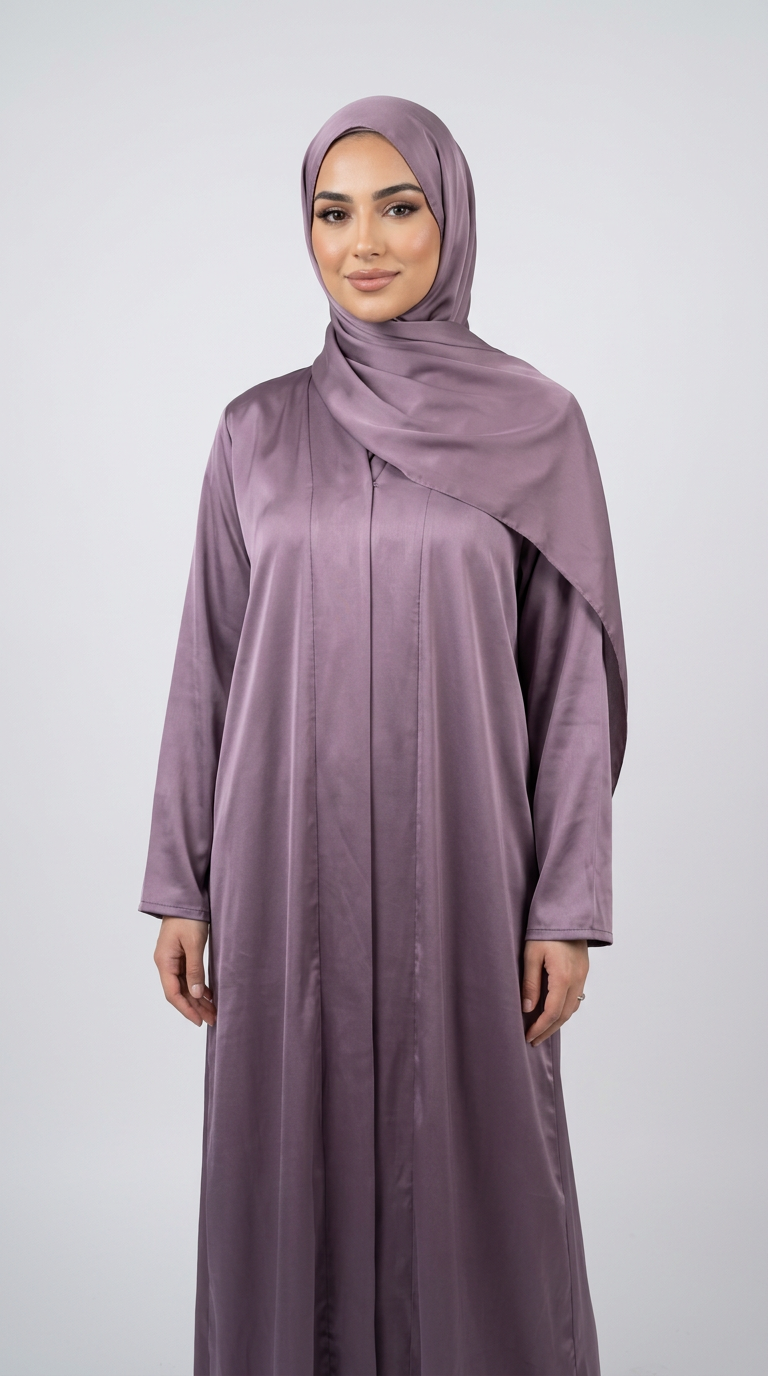 A woman wearing a long, flowing mauve-purple abaya with a matching hijab, standing against a light gray studio background.
