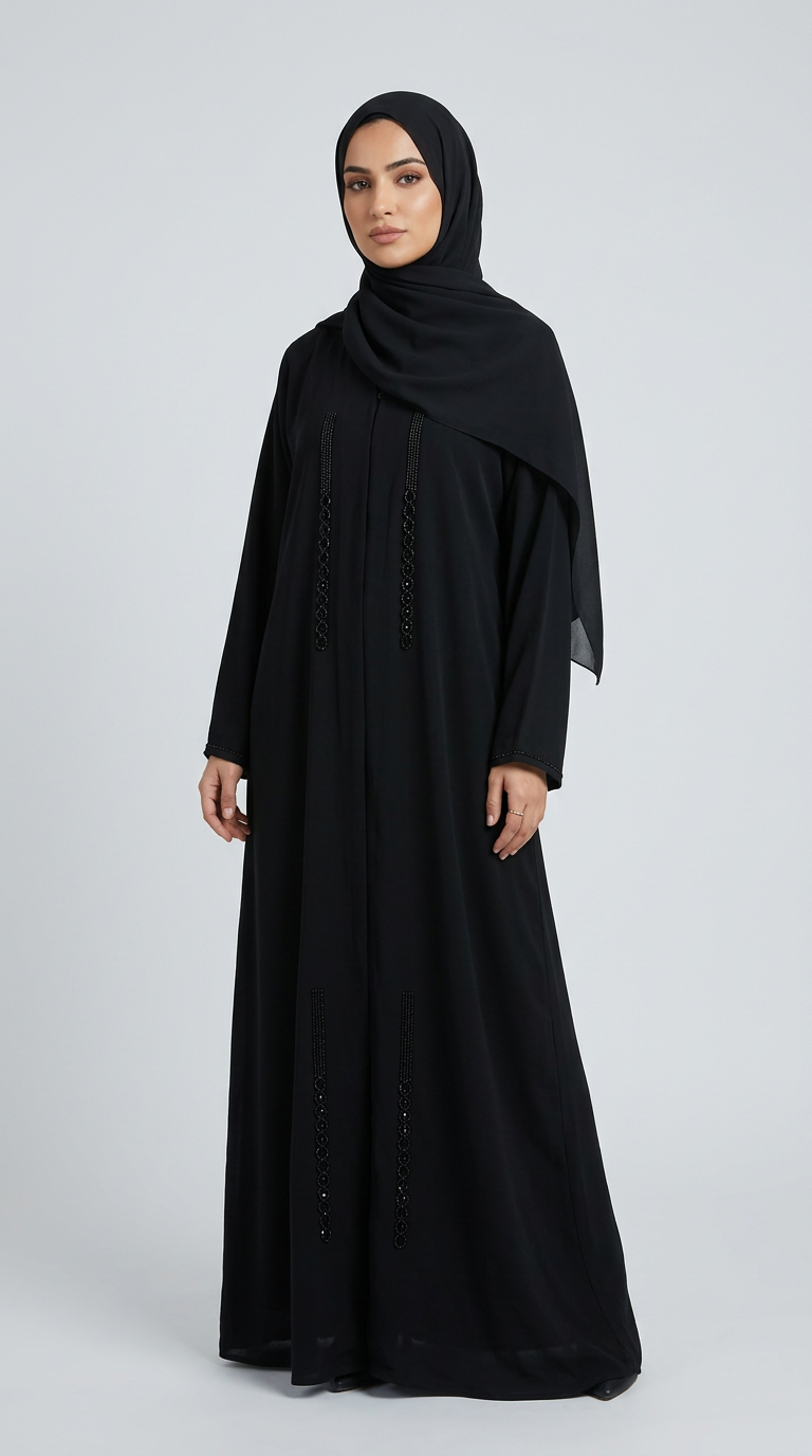 A woman wearing a long black abaya with embroidered details and a matching black hijab, standing against a light gray studio background.