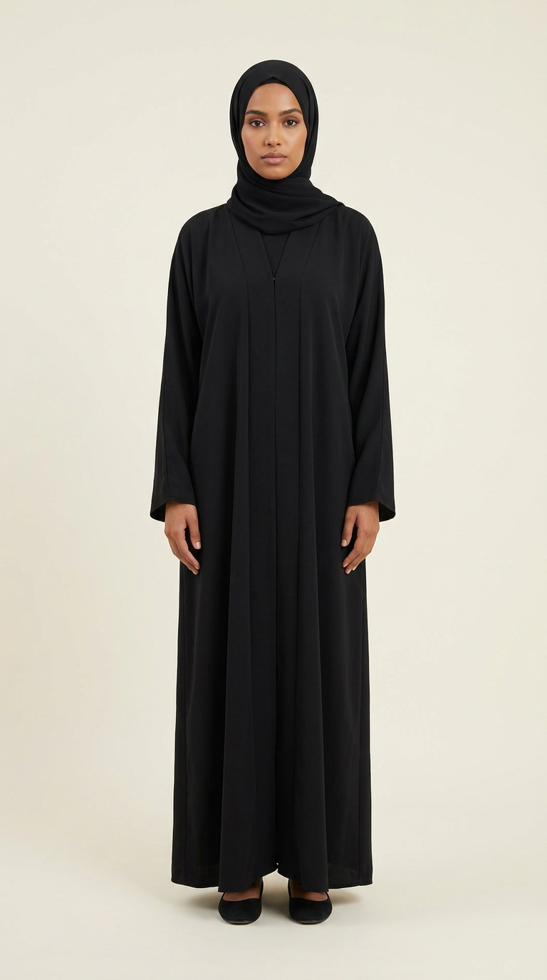 A woman wearing a long black abaya and matching black hijab stands against a plain light beige studio background.