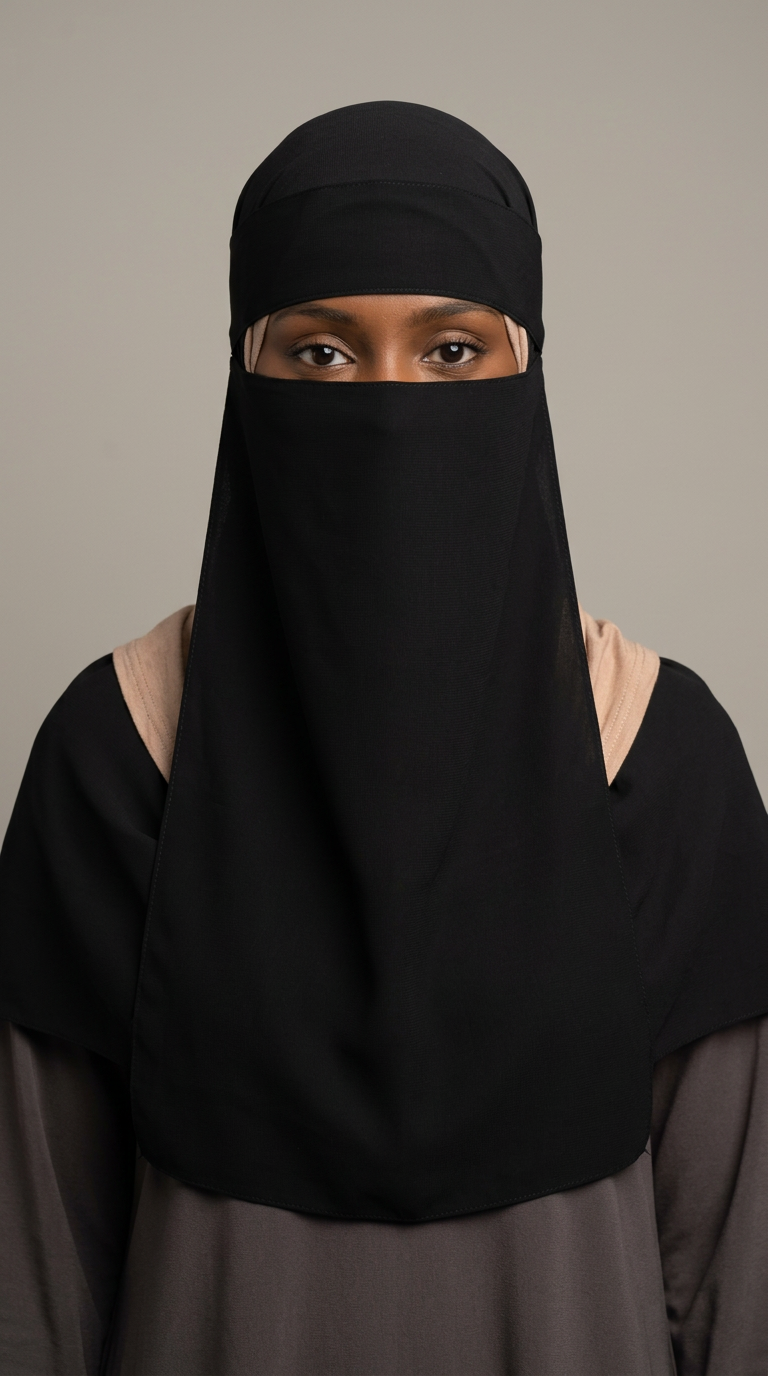 Model wearing a black Easy Band Niqab 02, front view