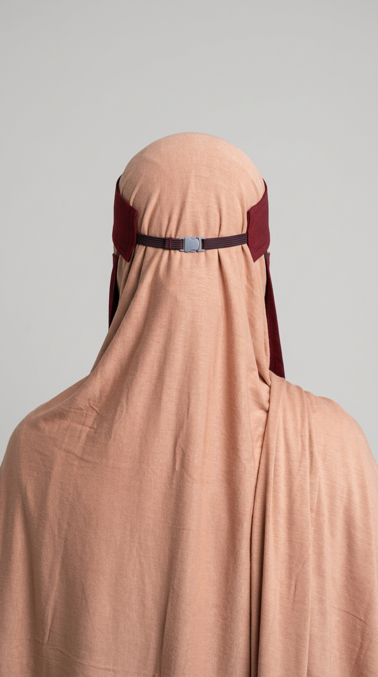 Rear view of the red Clip Niqab 07 fastening