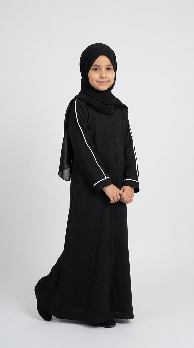 A young girl wearing a black abaya with white piping details, a matching black hijab, and black shoes, standing against a light gray studio background.