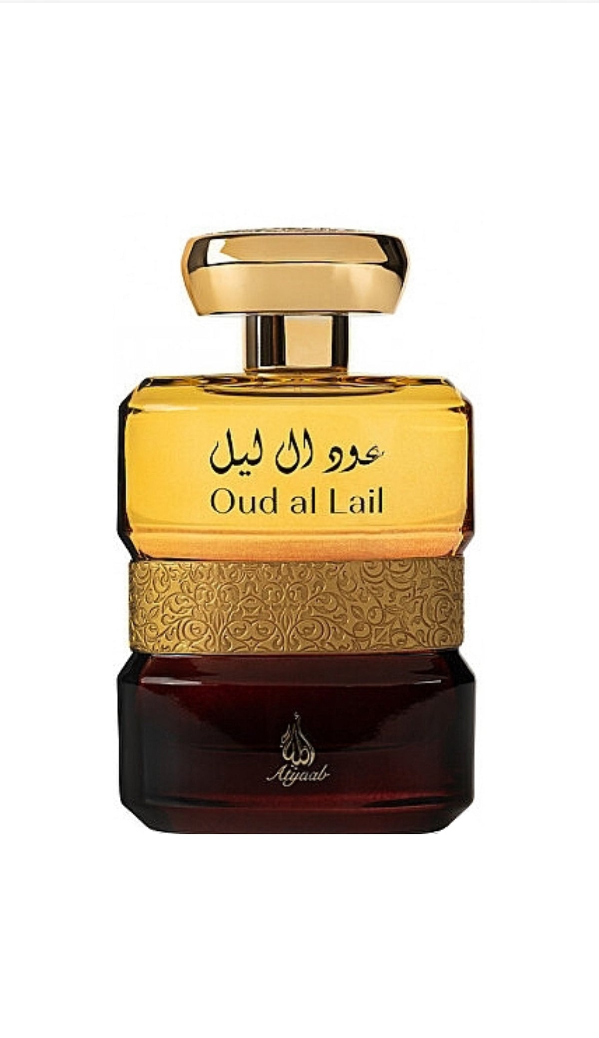 Perfume bottle labeled 'Oud al Lail' with gold cap and decorative design on a white background