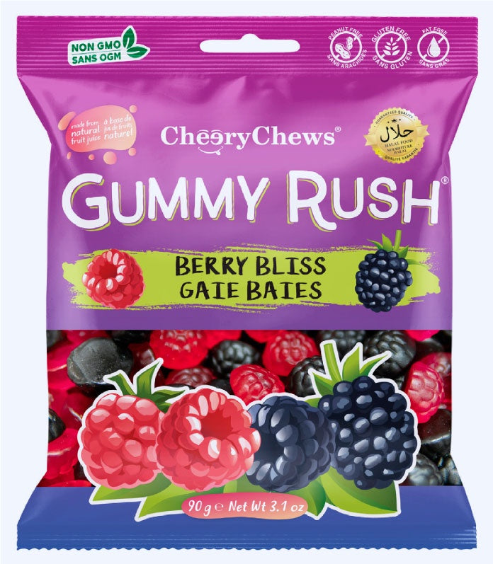 CheeryChews Gummy Rush Berry Bliss package with purple background