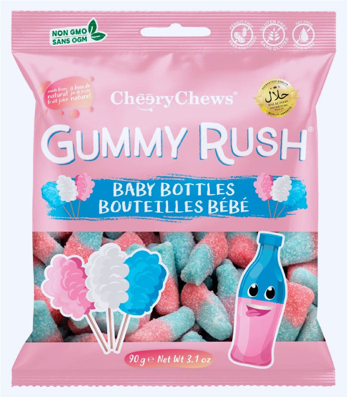 Packaging of CherryChews Gummy Rush Baby Bottles with pink and blue gummies.