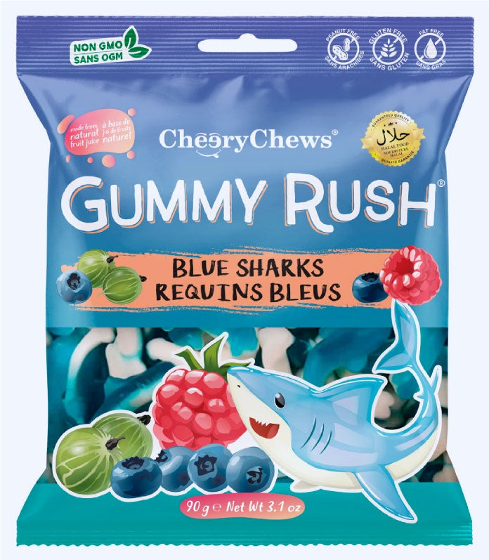 CheeryChews Gummy Rush Blue Sharks candy package on a white background