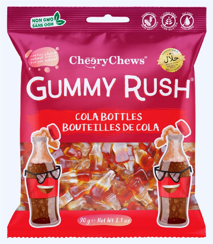 Packaging of CherryChews Gummy Rush Cola Bottles on a white background