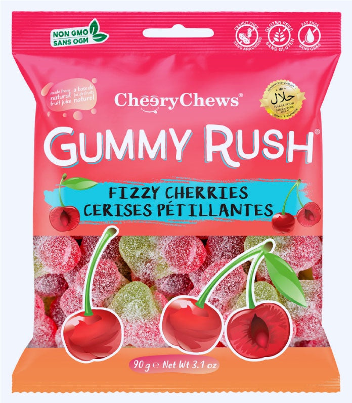 Packaging of CheeryChews Gummy Rush Fizzy Cherries on a pink background