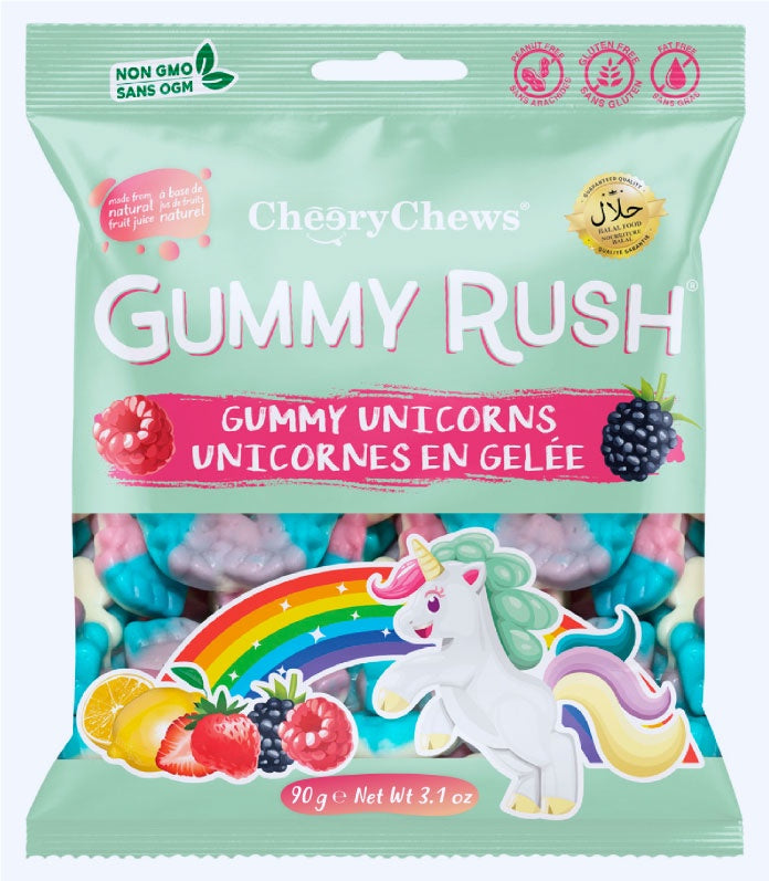 Packaging of CherryChews Gummy Rush Gummy Unicorns with colorful design and text.