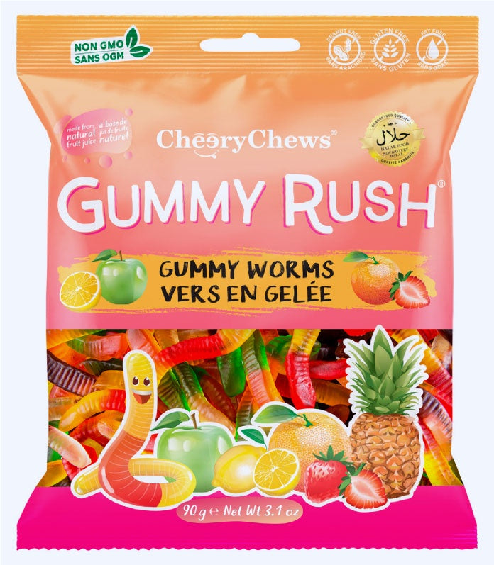 Package of Cherry Chews Gummy Rush gummy worms with colorful illustrations on a pink background.
