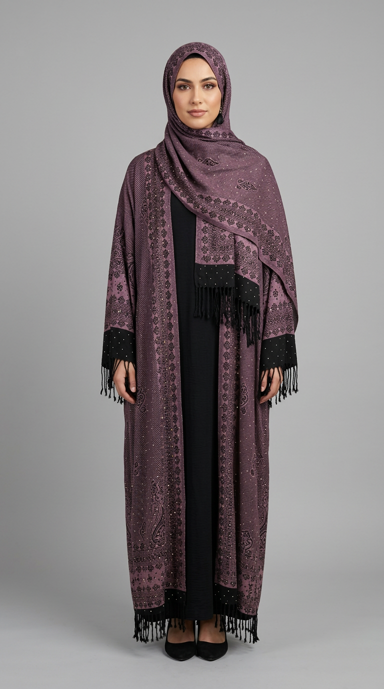 A woman wearing a long mauve-purple patterned shawl with black fringe over a black dress, standing against a plain gray studio background.