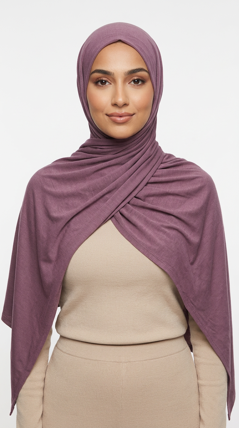Woman wearing the Redwood Big Jersey Hijab with a beige top