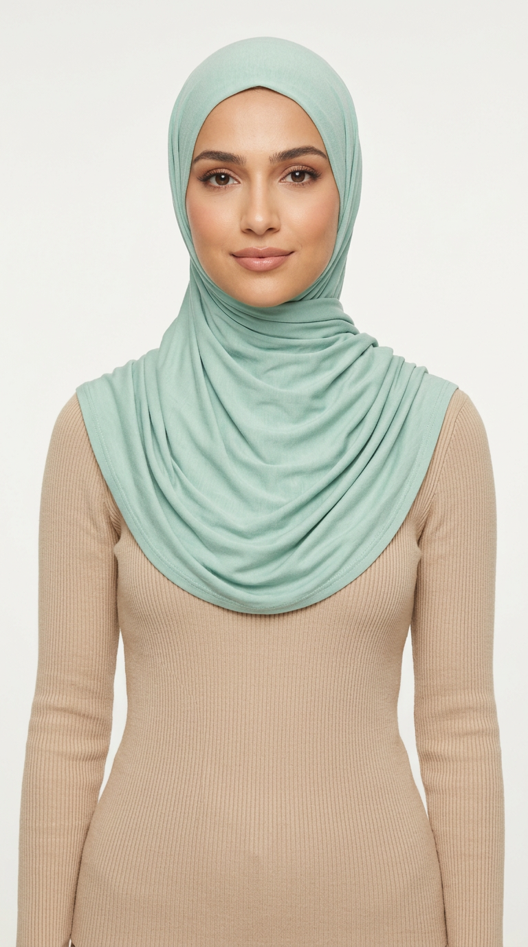 Woman wearing the Turquoise Big Jersey Hijab with a beige top