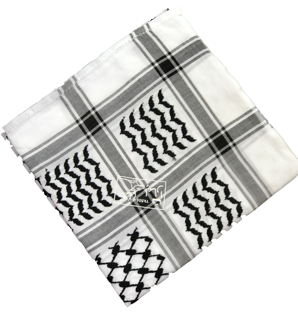 Black and white Palestinian-style keffiyeh scarf with traditional pattern.