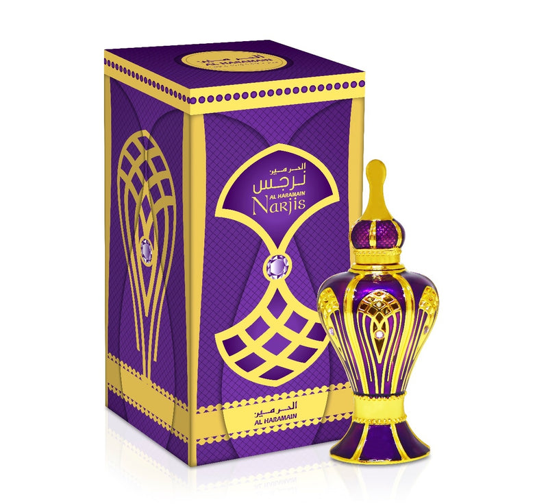 A purple and gold box of Haramain Narjis perfume, alongside a gold-colored bottle of the fragrance.